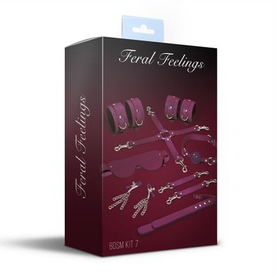 Набор Feral Feelings BDSM Kit 7 Burgundy, наручники, поножи, коннектор, маска, паддл, кляп, зажимы