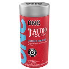 Презервативи ONE Tattoo Touch, 12 шт, рельєф у вигляді тату, 3 різновиди, подарункове паковання-тубус