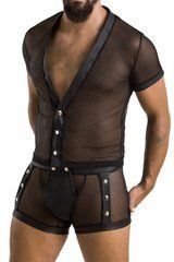 Комплект сетчатого мужского белья Passion 052 Set Michael XXL/XXXL Black, рубашка, боксеры, заклепки