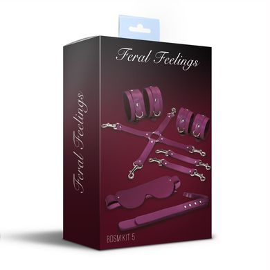 Набор Feral Feelings BDSM Kit 5 Burgundy, наручники, поножи, крестовина, маска, паддл